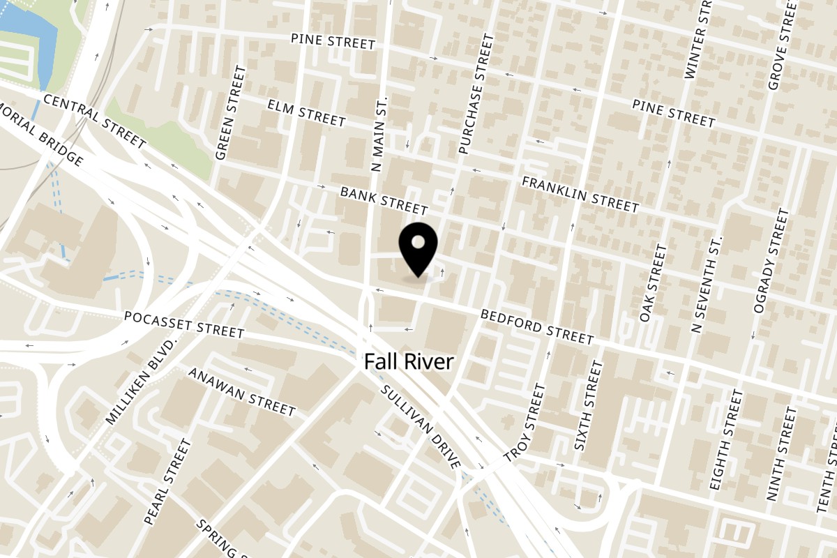 Map showing the location of Bun Buds on 10 Purchase St in Fall River